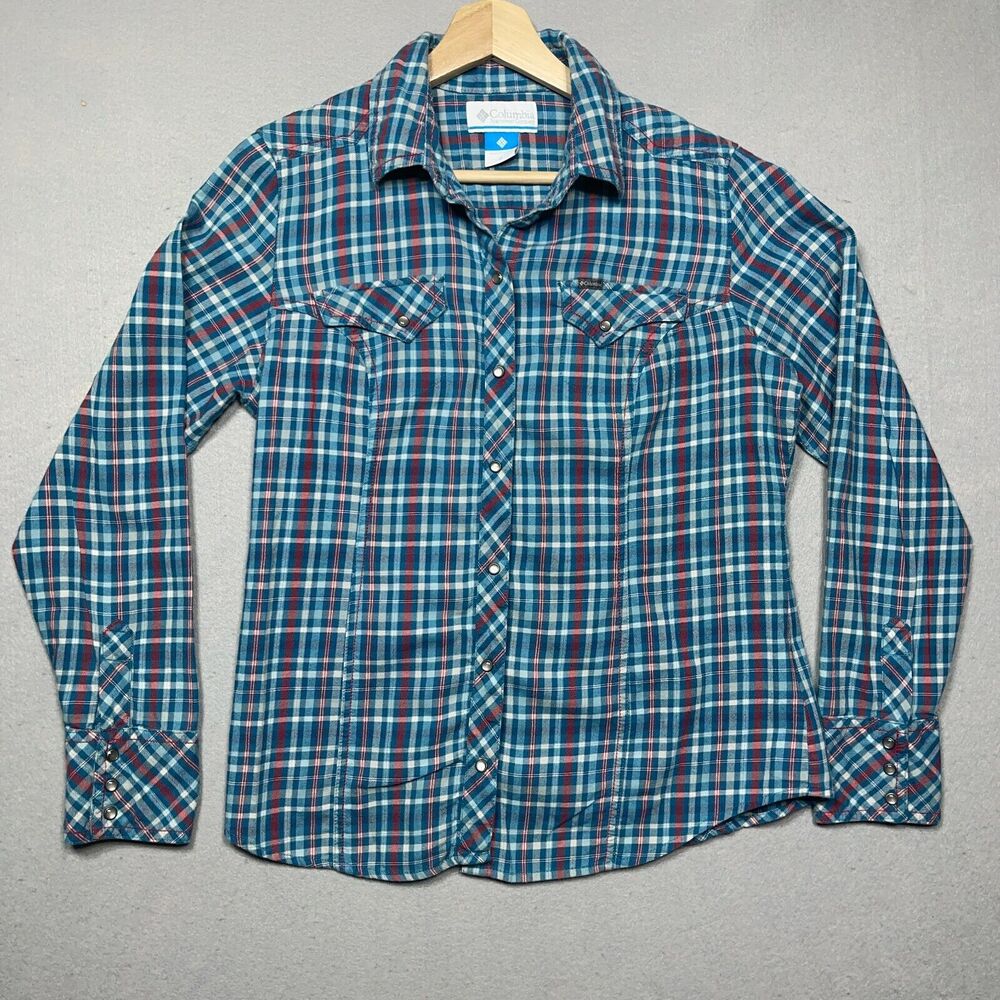 Columbia Button Down Shirt Women Medium Western Snap Plaid Blue Red Outdoor‎